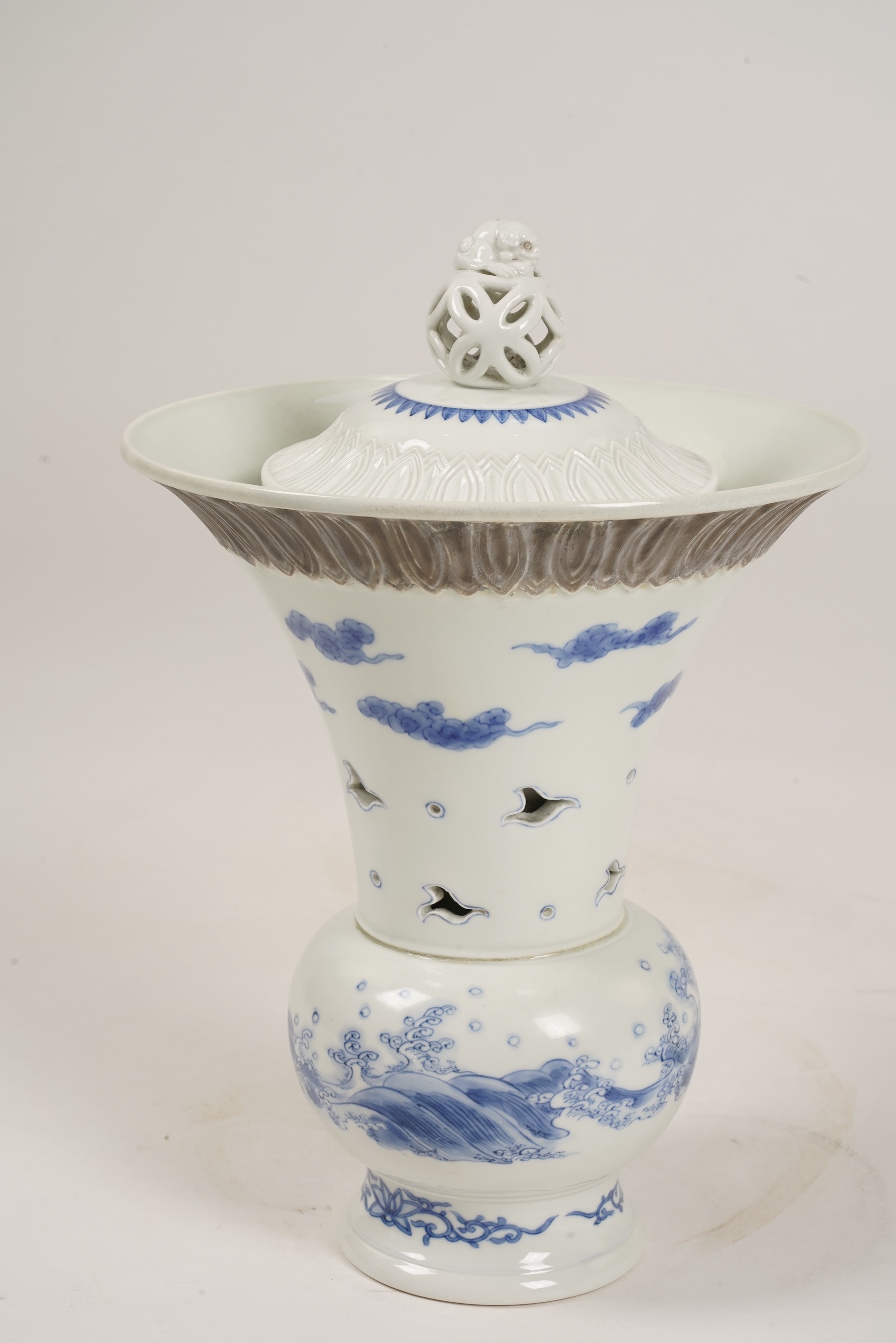 A large Japanese Hirado double walled blue and white vase and cover, 19th century